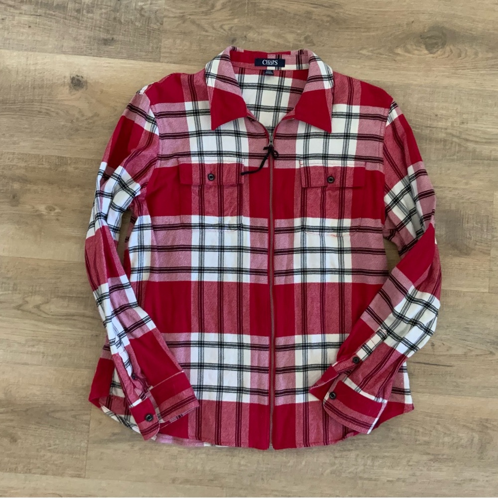 Champs Red and White Plaid Zip-Up Shirt Womens Large
